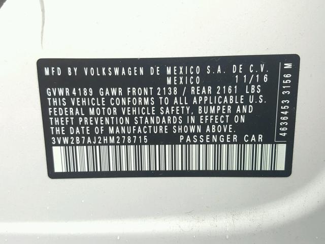 3VW2B7AJ2HM278715 - 2017 VOLKSWAGEN JETTA S 灰色 照片 10