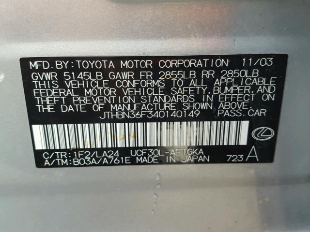 JTHBN36F340140149 - 2004 LEXUS LS 430 SILVER photo 10