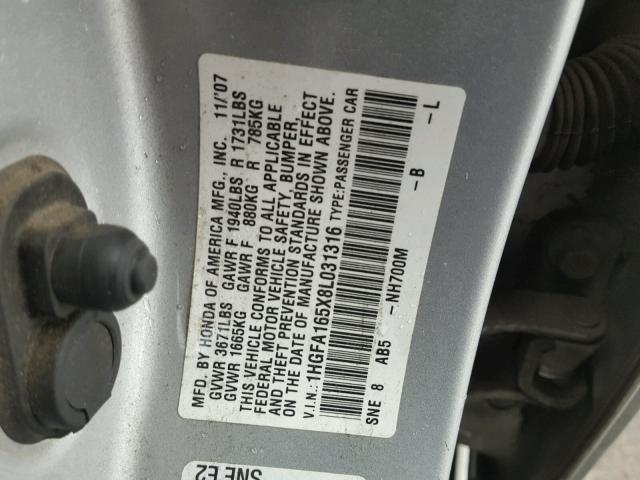 1HGFA165X8L031316 - 2008 HONDA CIVIC LX SILVER photo 10