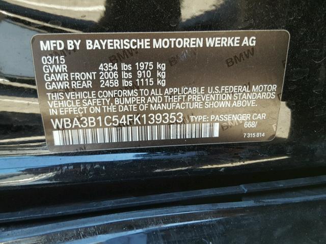 WBA3B1C54FK139353 - 2015 BMW 320 I BLACK photo 10