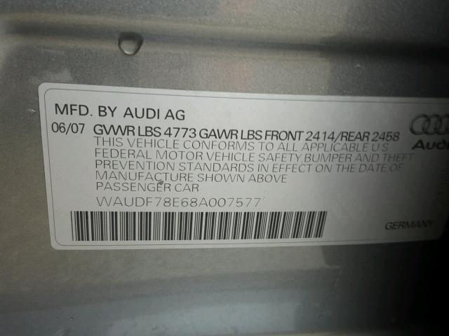 WAUDF78E68A007577 - 2008 AUDI A4 2.0T QU GRAY photo 10