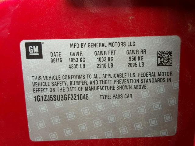 1G1ZJ5SU3GF321046 - 2016 CHEVROLET MALIBU HYB 红色 照片 10