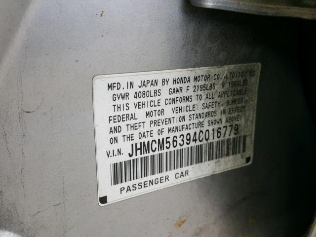 JHMCM56394C016779 - 2004 HONDA ACCORD LX SILVER photo 10