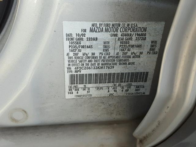 4F2CZ06133KM17639 - 2003 MAZDA TRIBUTE ES 银色 照片 10