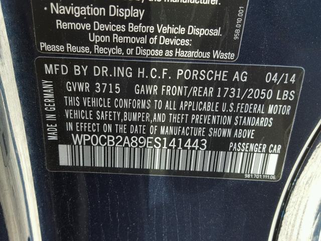 WP0CB2A89ES141443 - 2014 PORSCHE BOXSTER S BLUE photo 10