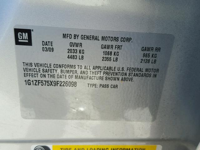 1G1ZF575X9F226098 - 2009 CHEVROLET MALIBU HYB SILVER photo 10