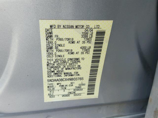 5N3AA08CX4N803765 - 2004 INFINITI QX56 SILVER photo 10