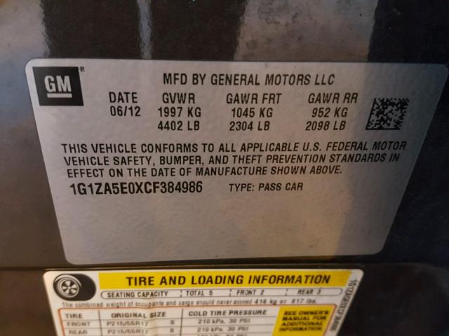 1G1ZA5E0XCF384986 - 2012 CHEVROLET MALIBU LS გრაფიტი ფოტო 10