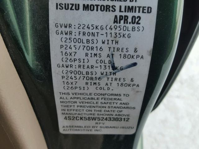 4S2CK58W524330312 - 2002 ISUZU RODEO S GREEN photo 10