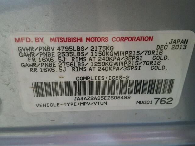 JA4AZ2A35EZ606499 - 2014 MITSUBISHI OUTLANDER SILVER photo 10