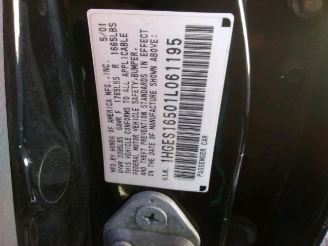 1HGES16501L061195 - 2001 HONDA CIVIC LX 黑色 照片 10