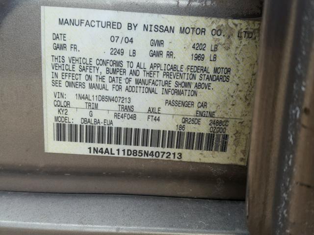 1N4AL11D85N407213 - 2005 NISSAN ALTIMA S BROWN photo 10