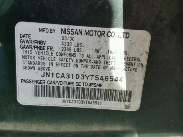 JN1CA31D3YT546544 - 2000 NISSAN MAXIMA GLE GREEN photo 10