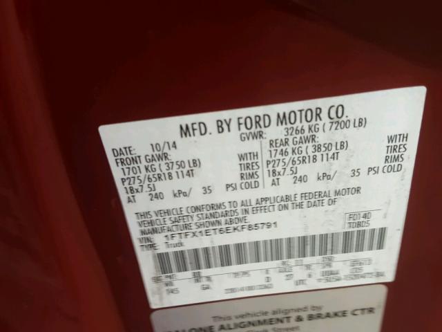 1FTFX1ET6EKF85791 - 2014 FORD F150 SUPER MAROON photo 10