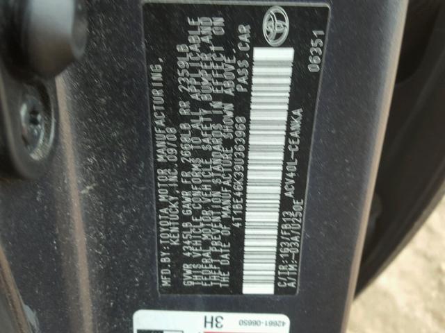 4T1BE46K39U363968 - 2009 TOYOTA CAMRY BASE GRAY photo 10