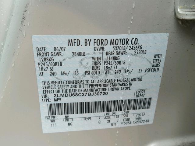 2LMDU68C27BJ30720 - 2007 LINCOLN MKX BEIGE photo 10