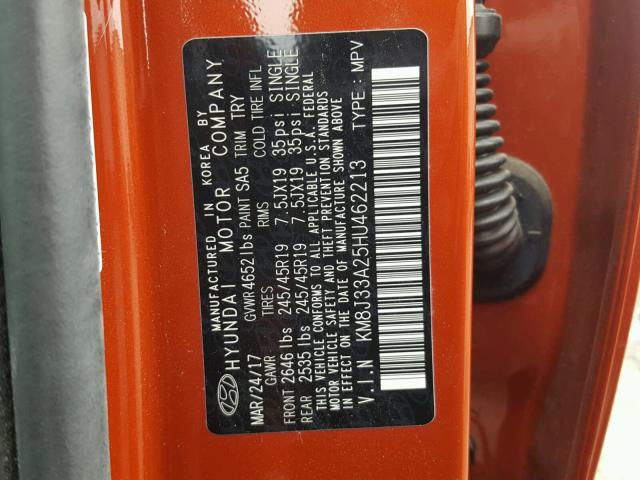 KM8J33A25HU462213 - 2017 HYUNDAI TUCSON LIM ORANGE photo 10