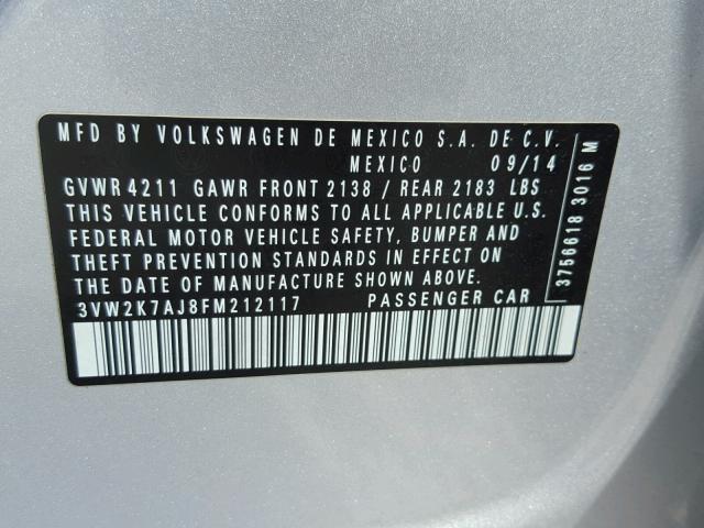 3VW2K7AJ8FM212117 - 2015 VOLKSWAGEN JETTA BASE ვერცხლისფერი ფოტო 10