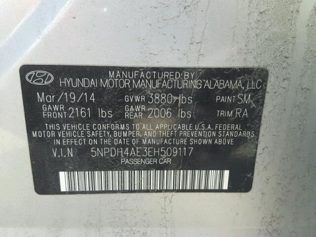 5NPDH4AE3EH509117 - 2014 HYUNDAI ELANTRA SE SILVER photo 10