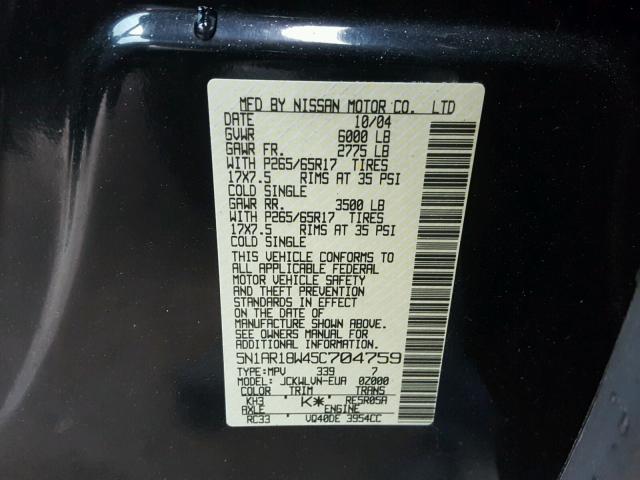 5N1AR18W45C704759 - 2005 NISSAN PATHFINDER BLACK photo 10