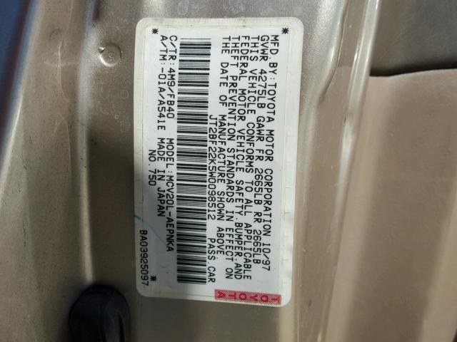 JT2BF22K5W0098512 - 1998 TOYOTA CAMRY CE GOLD photo 10