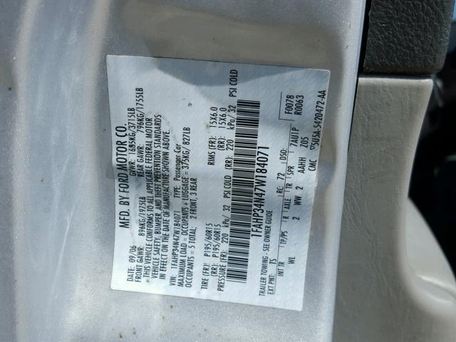 1FAHP34N47W184071 - 2007 FORD FOCUS ZX4 SILVER photo 10