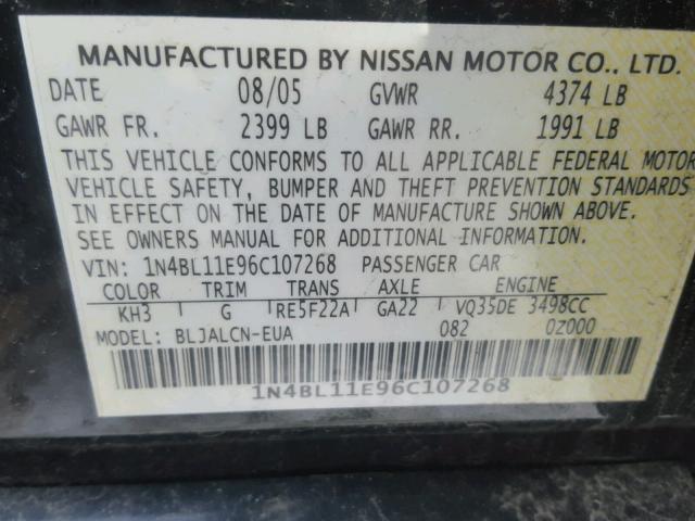 1N4BL11E96C107268 - 2006 NISSAN ALTIMA SE BLACK photo 10