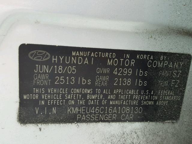 KMHEU46C16A108130 - 2006 HYUNDAI SONATA GLS SILVER photo 10