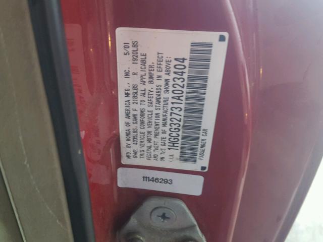 1HGCG32731A023404 - 2001 HONDA ACCORD EX RED photo 10