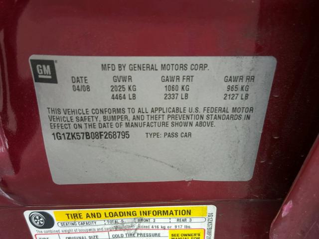 1G1ZK57B08F268795 - 2008 CHEVROLET MALIBU LTZ 勃艮第红 照片 10