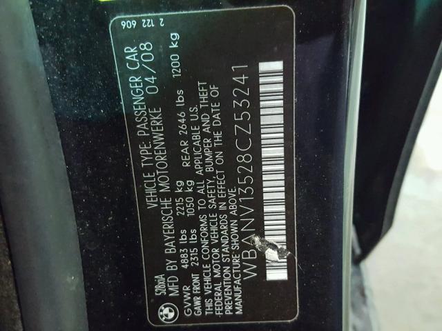 WBANV13528CZ53241 - 2008 BMW 528 XI BLACK photo 10