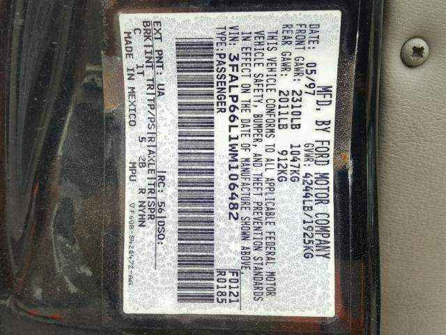 3FALP66L1WM106482 - 1998 FORD CONTOUR LX BLACK photo 10