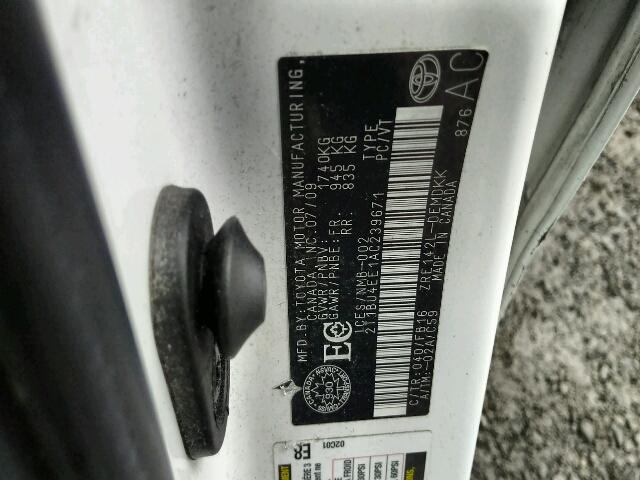 2T1BU4EE1AC239671 - 2010 TOYOTA COROLLA BA WHITE photo 10