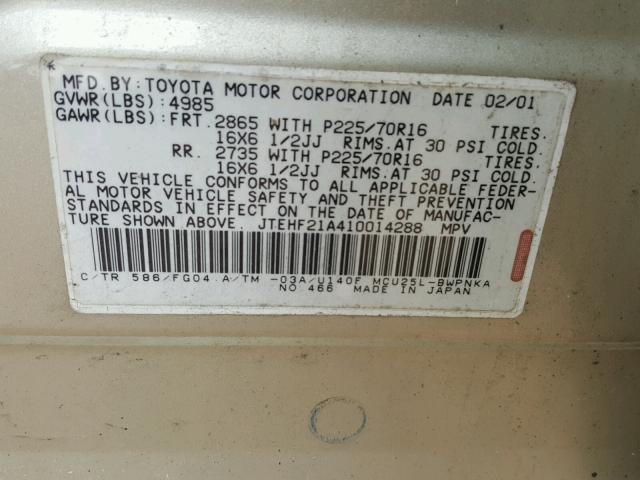 JTEHF21A410014288 - 2001 TOYOTA HIGHLANDER TAN photo 10