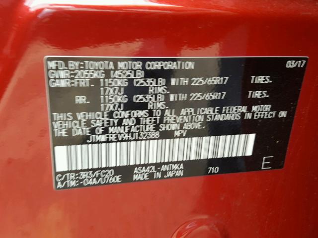 JTMWFREV9HJ132388 - 2017 TOYOTA RAV4 XLE RED photo 10