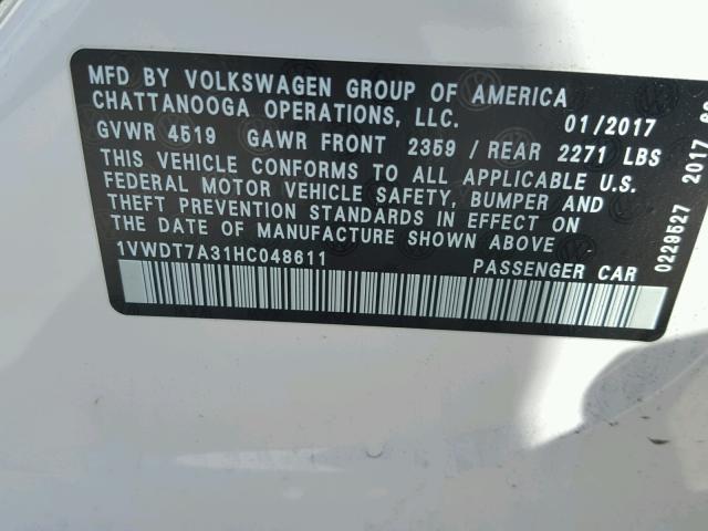 1VWDT7A31HC048611 - 2017 VOLKSWAGEN PASSAT R-L 白色 照片 10