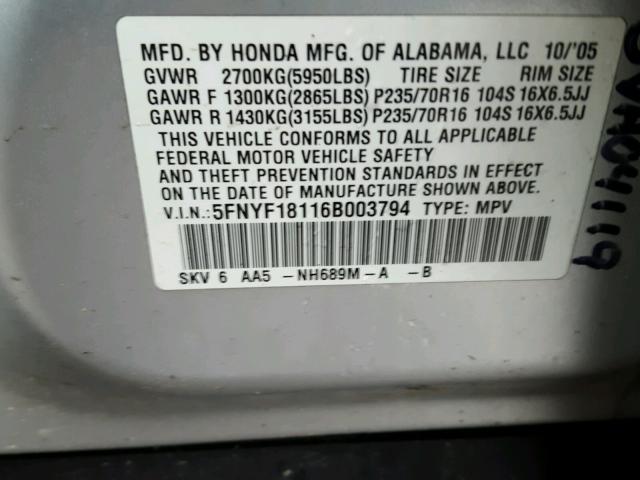 5FNYF18116B003794 - 2006 HONDA PILOT LX SILVER photo 10