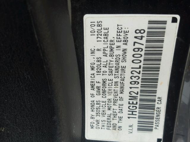 1HGEM21932L009748 - 2002 HONDA CIVIC EX BLACK photo 10