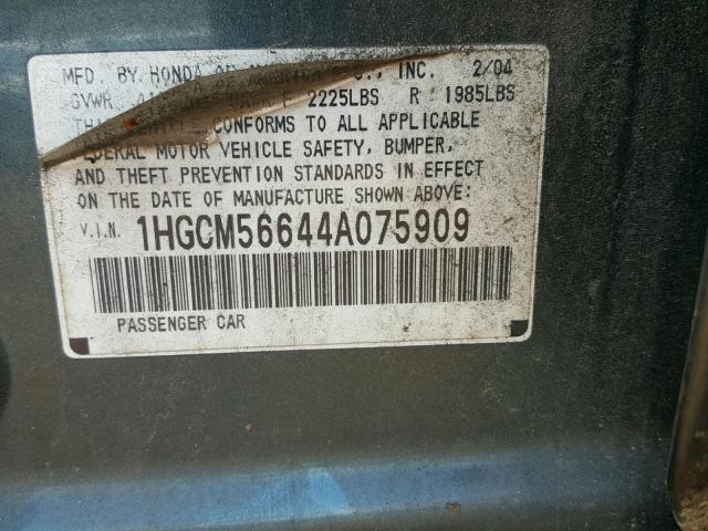 1HGCM56644A075909 - 2004 HONDA ACCORD EX GRAY photo 10