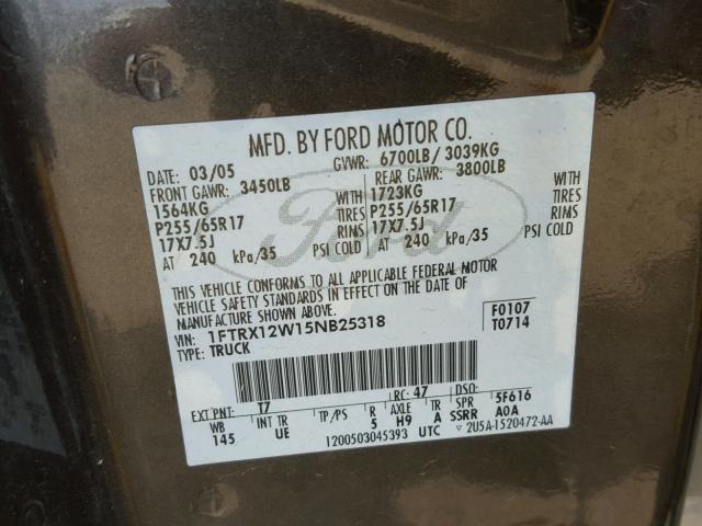 1FTRX12W15NB25318 - 2005 FORD F150 CHARCOAL photo 10