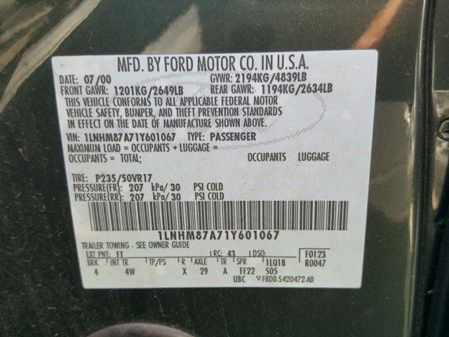 1LNHM87A71Y601067 - 2001 LINCOLN LS 绿色 照片 10