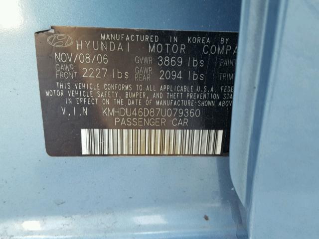 KMHDU46D87U079360 - 2007 HYUNDAI ELANTRA GL BLUE photo 10