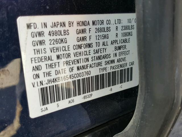 JH4KB16545C003760 - 2005 ACURA RL ლურჯი ფოტო 10