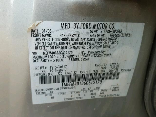 1MEFM40186G612170 - 2006 MERCURY MONTEGO LU SILVER photo 10