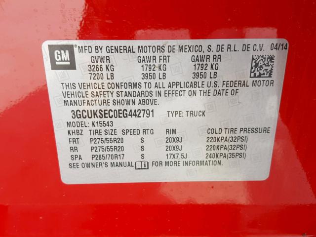 3GCUKSEC0EG442791 - 2014 CHEVROLET SILVERADO RED photo 10