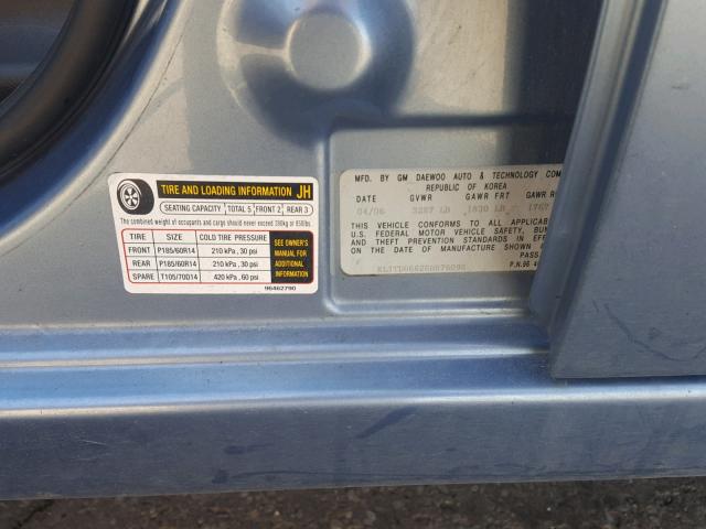 KL1TD66626B676096 - 2006 CHEVROLET AVEO BASE Mavi fotoğraf 10