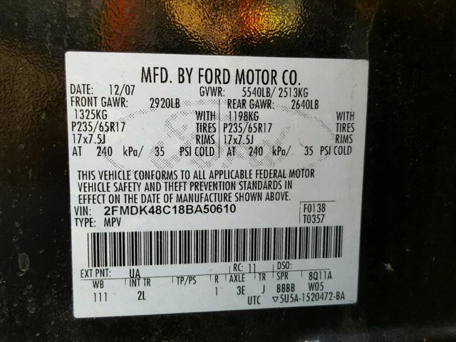 2FMDK48C18BA50610 - 2008 FORD EDGE SEL BLACK photo 10