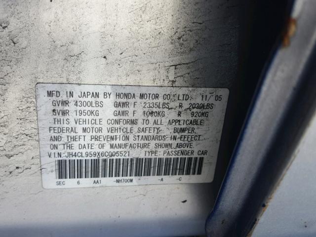 JH4CL959X6C005521 - 2006 ACURA TSX SILVER photo 10