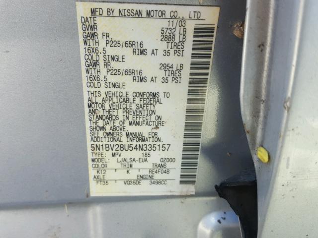 5N1BV28U54N335157 - 2004 NISSAN QUEST S SILVER photo 10