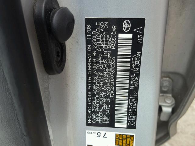 JTDKB20U297870306 - 2009 TOYOTA PRIUS SILVER photo 10